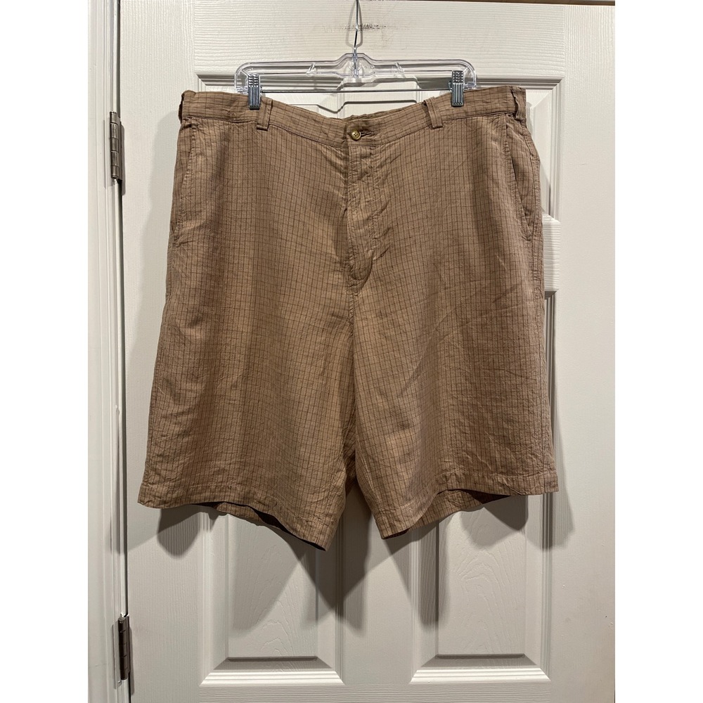Tommy Bahama Mens 42 Linen Silk Grid Shorts Tan Brown Plaid Casual Summer Beach